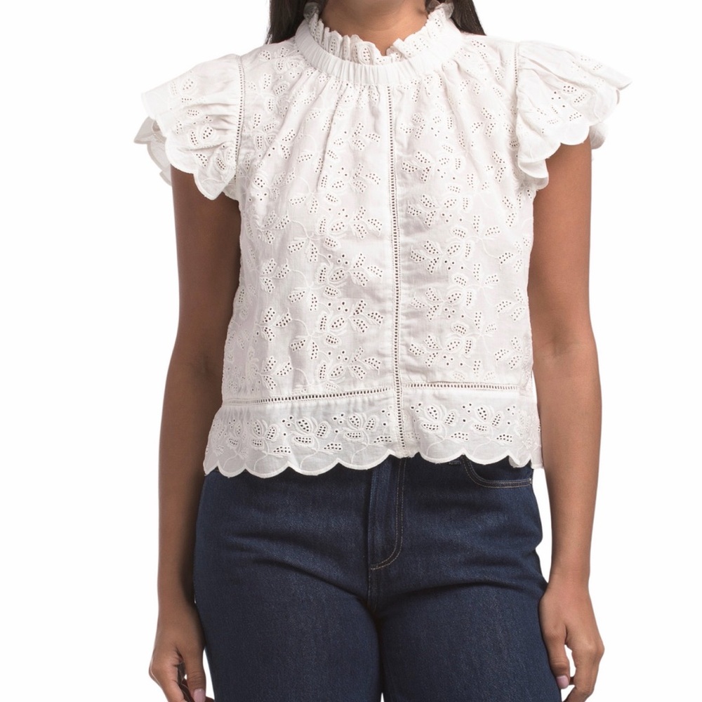 White Eyelet Ruffle Sleeve Top